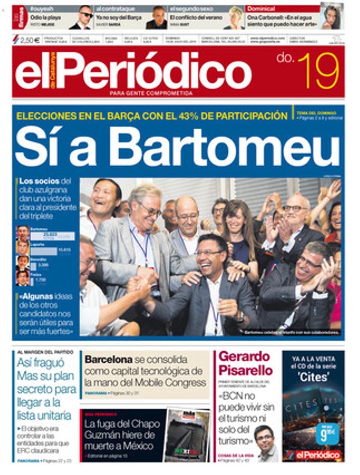 Sí a Bartomeu en la portada de EL PERIÓDICO DE CATALUNYA