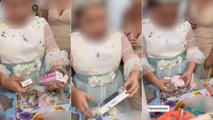 Varios fotogramas del vídeo en el que la niña abre sus regalos de comunión.