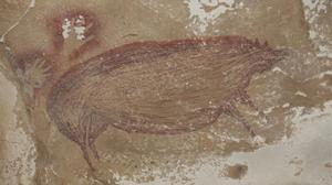 Descubren en Indonesia la pintura rupestre figurativa más antigua del mundo. En la foto, detalle de una de las pinturas rupestres halladas en la Isla de Célebes (Indonesia) en el que se ve un jabalí verrugoso junto a la estampa de dos manos