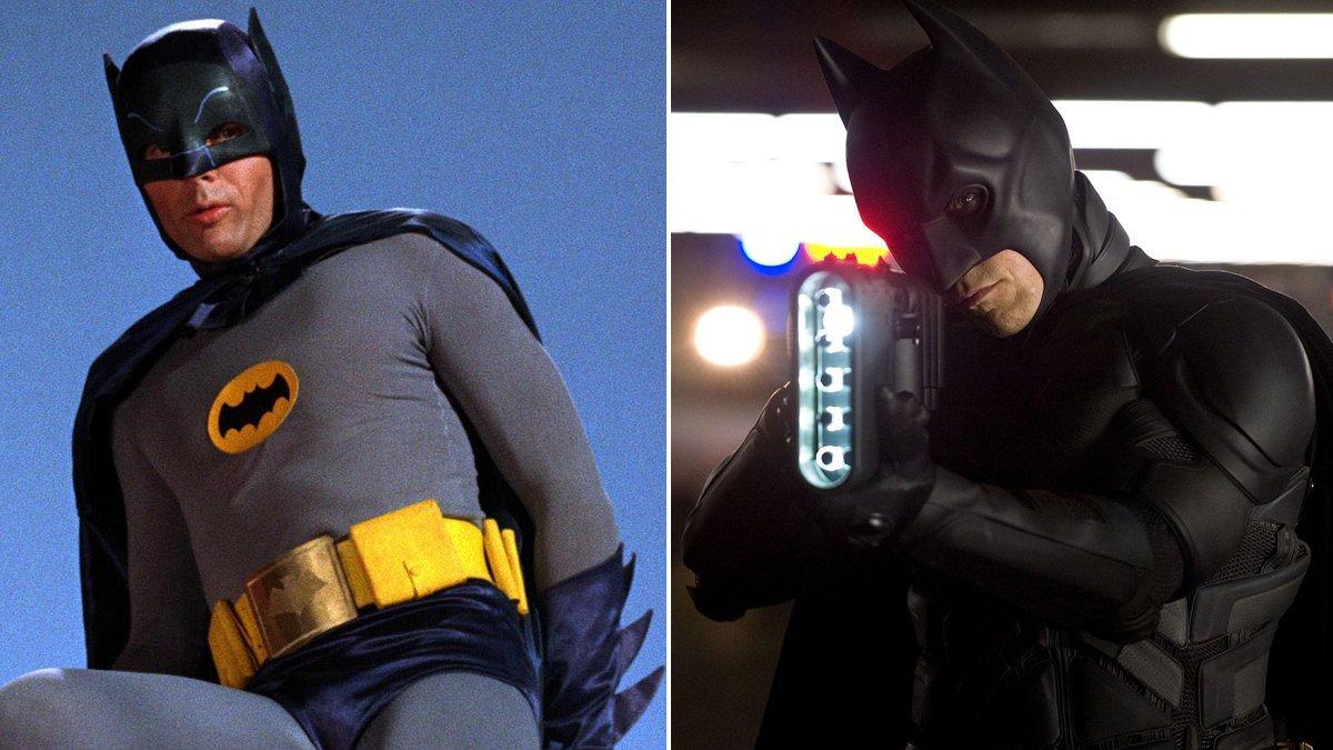 Adam West como Batman en la teleserie ultrapop de los años 60 y Christian Bale en el filme ’El caballero oscuro. La leyenda renace’, del 2012.