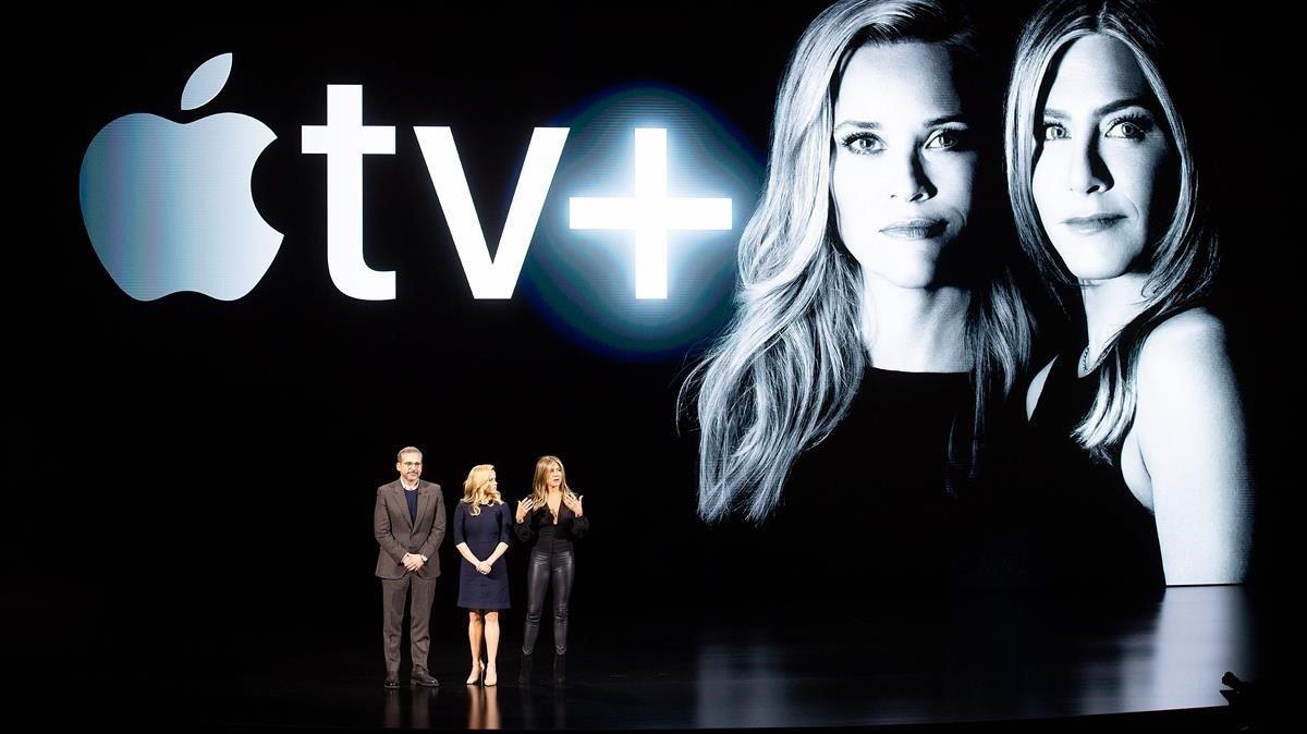 Steve Carell, Reese Witherspoon y Jennifer Aniston, en el lanzamiento de Apple TV+, el pasado mes de marzo