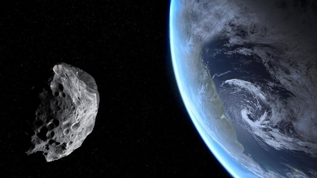 Simulación de un asteroide pasando cerca de la Tierra.