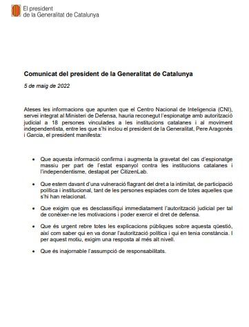 Comunicado del ’president’, Pere Aragonès, tras la comisión del CNI (5 de mayo de 2022)