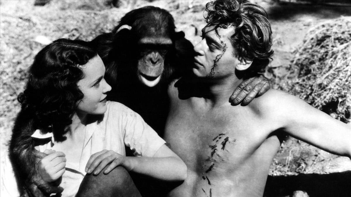 Johnny Weismüller, el hombre que cabalgó un rinoceronte, junto a Maureen O.Sullivan y Chita.