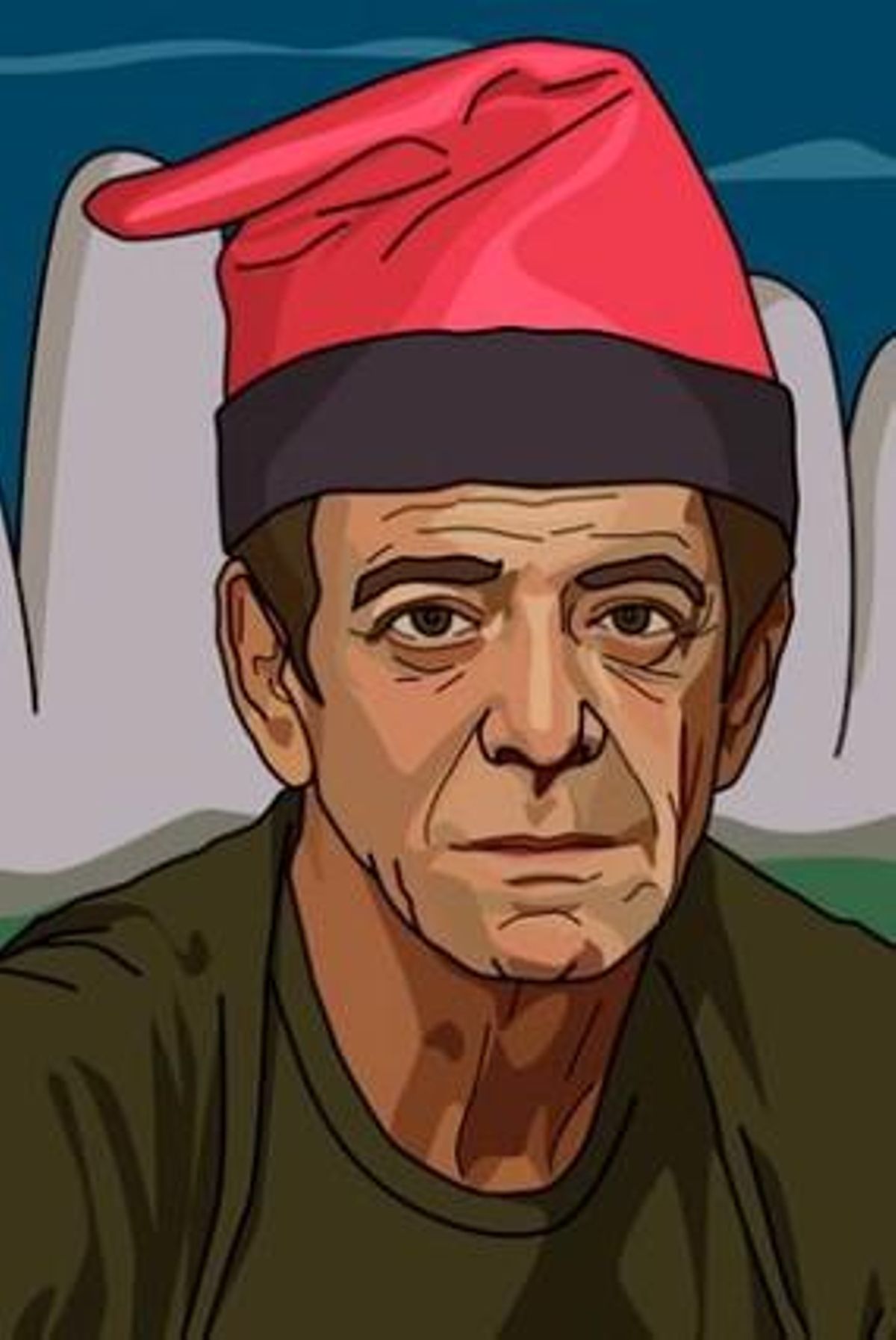 Un dibujo de Lou Reed con barretina y una montaña que recuerda a Montserrat de fondo Un dibujo de Lou Reed con barretina y una montaña que recuerda a Montserrat de fondo