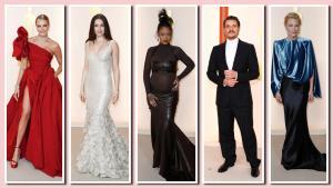 De izquierda a derecha, Cara Delevingne, Ana de Armas, Rihanna, Pedro Pascal y Cate Blanchett, en la alfombra roja-champán de los Oscar 2023.