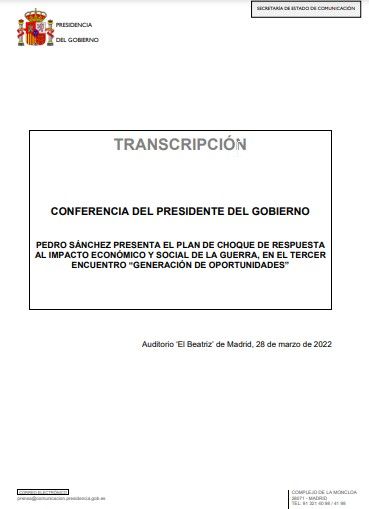 Transcripción de la conferencia de Pedro Sánchez de anuncio del plan de choque frente a la guerra (28 de marzo de 2022)