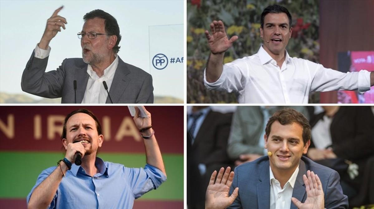 Mariano Rajoy, Pedro Sánchez, Pablo Iglesias y Albert Rivera, respectivamente. 