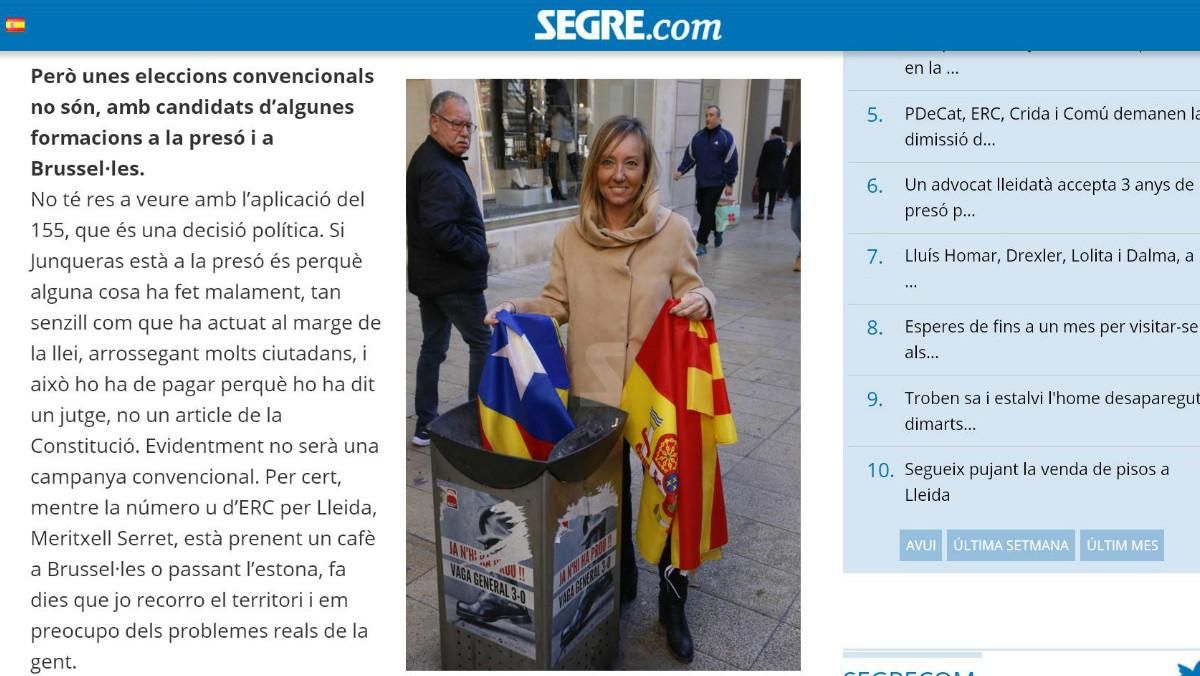 La cap de llista del PP per Lleida es fotografia llençant una estelada a les escombraries La cap de llista del PP per Lleida es fotografia llençant una estelada a les escombraries