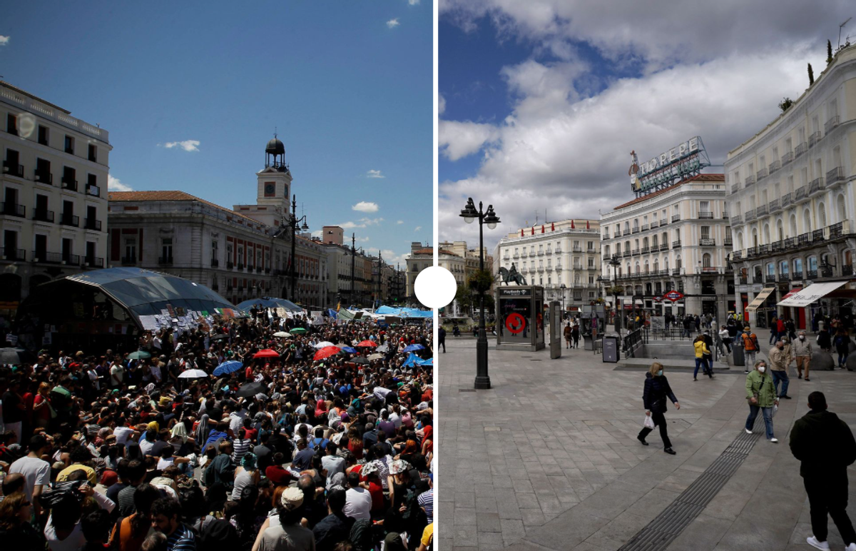 La plaza del Sol, en 2011 y ahora La plaza del Sol, en 2011 y ahora