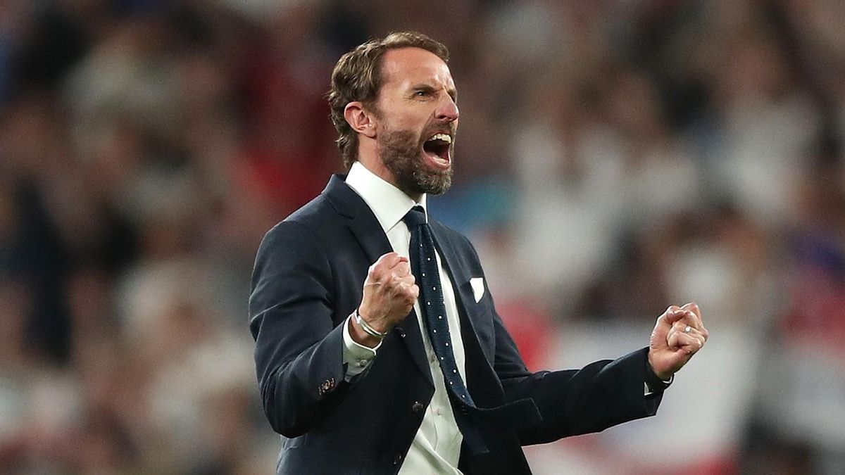 Gareth Southgate suelta toda su alegría al final del partido ante Dinamarca. Gareth Southgate suelta toda su alegría al final del partido ante Dinamarca.