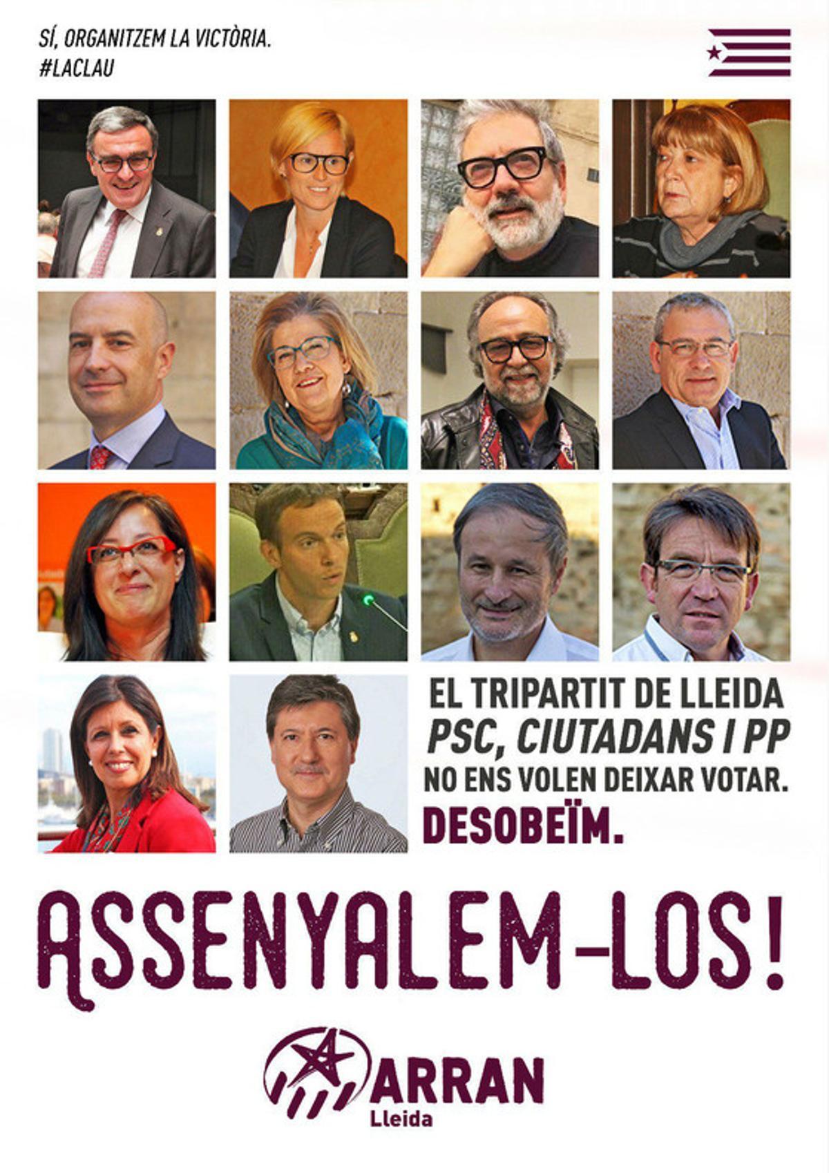 Cartel de Arran contra concejales de Lleida de PSC, Ciutadans y PPC.
