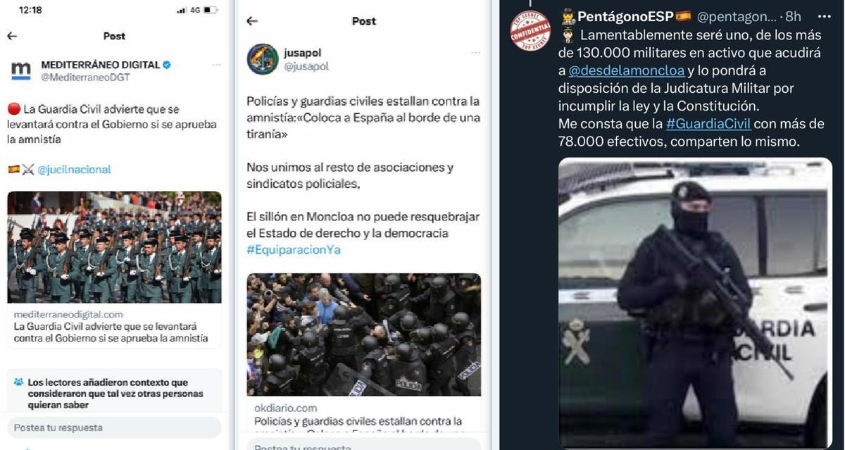 Invitaciones a la Guardia Civil a amotinarse contra el Gobierno a cuenta de una amnistía, emitidas la pasada semana en redes sociales.