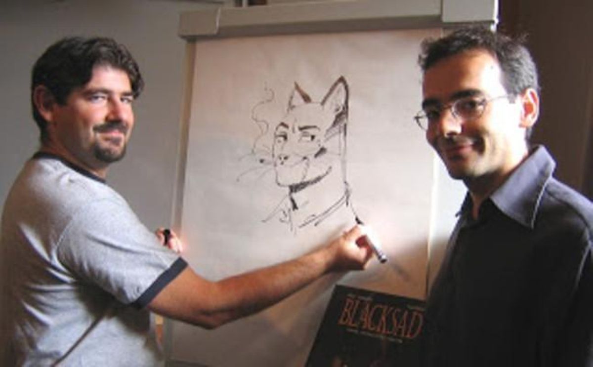 Juan Díaz Canales (derecha), con Juanjo Guarnido y la gran creación de ambos, Blacksad. Juan Díaz Canales (derecha), con Juanjo Guarnido y la gran creación de ambos, Blacksad.