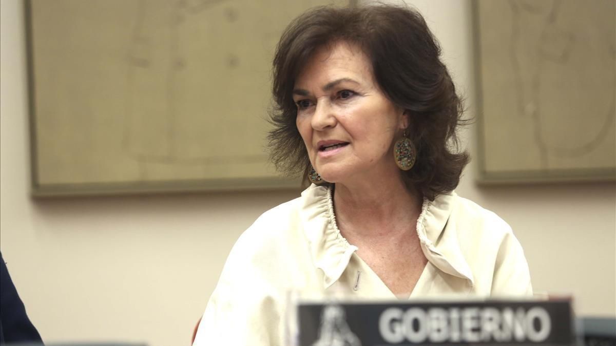Momento de la comparecencia de la Vicepresidenta del Gobierno, Carmen Calvo. Momento de la comparecencia de la Vicepresidenta del Gobierno, Carmen Calvo.