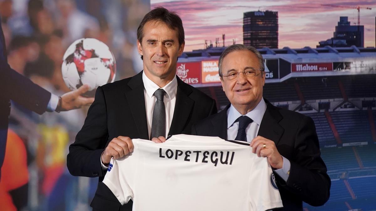 Lopetegui y Pérez, durante la presentación del técnico vasco como entrenador del Real Madrid