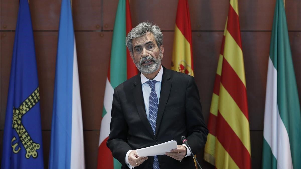 El presidente del Consejo General del Poder Judicial (CGPJ) y del Tribunal Supremo, Carlos Lesmes, el 25 de septiembre, en el acto de entrega de despachos a la nueva promoción de jueces, en Barcelona.