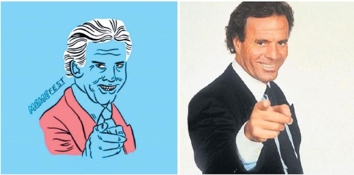 Una de las ilustraciones del cartel del Memefest junto al meme que reproduce, el de Julio Iglesias Una de las ilustraciones del cartel del Memefest junto al meme que reproduce, el de Julio Iglesias