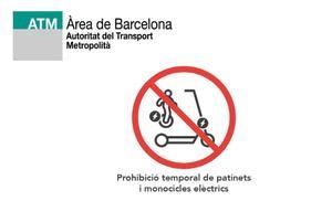 Cartel con el que se anunciará que los patinetes no son bienvenidos en el transporte público del ámbito de Barcelona