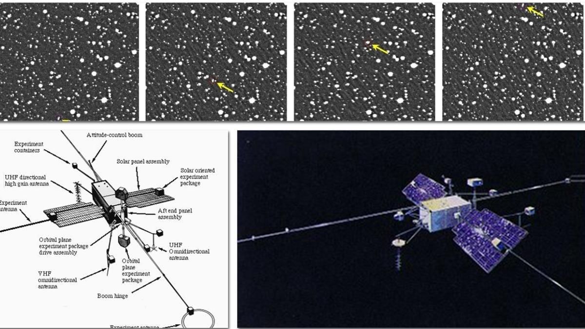 En la franja superior, registro de la caída del objeto. En la franja inferior, representación de la misión OGO-1 de la NASA, lanzada durante el 1964. En la franja superior, registro de la caída del objeto. En la franja inferior, representación de la misión OGO-1 de la NASA, lanzada durante el 1964.