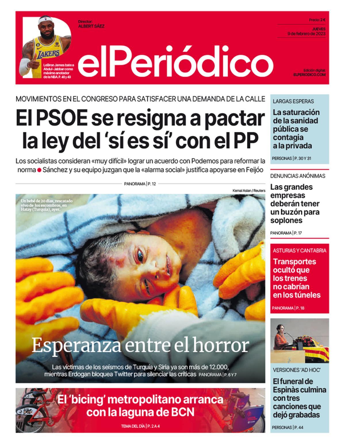 La portada d’EL PERIÓDICO del 9 de febrer del 2023