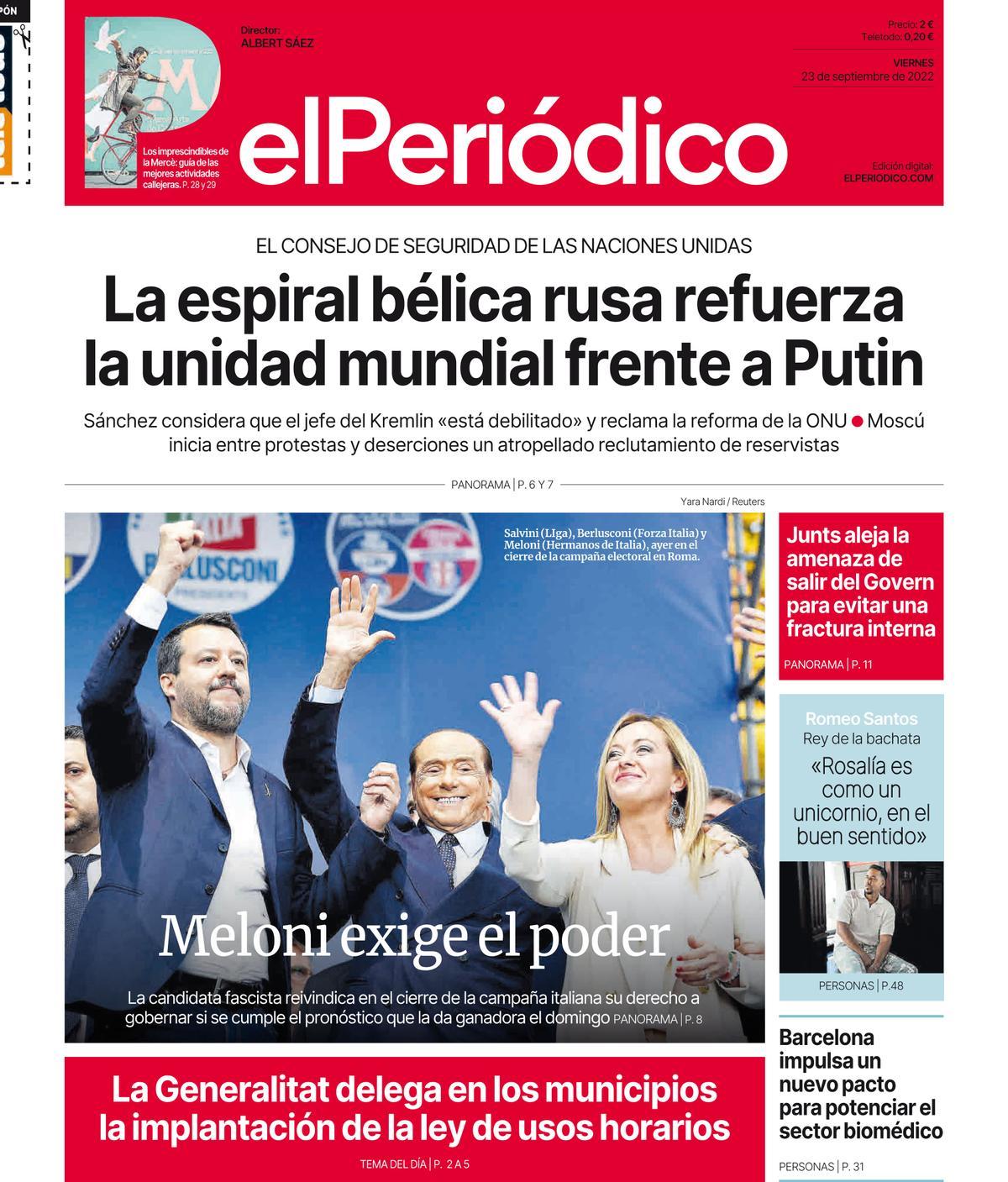 La portada de EL PERIÓDICO del 23 de septiembre de 2022