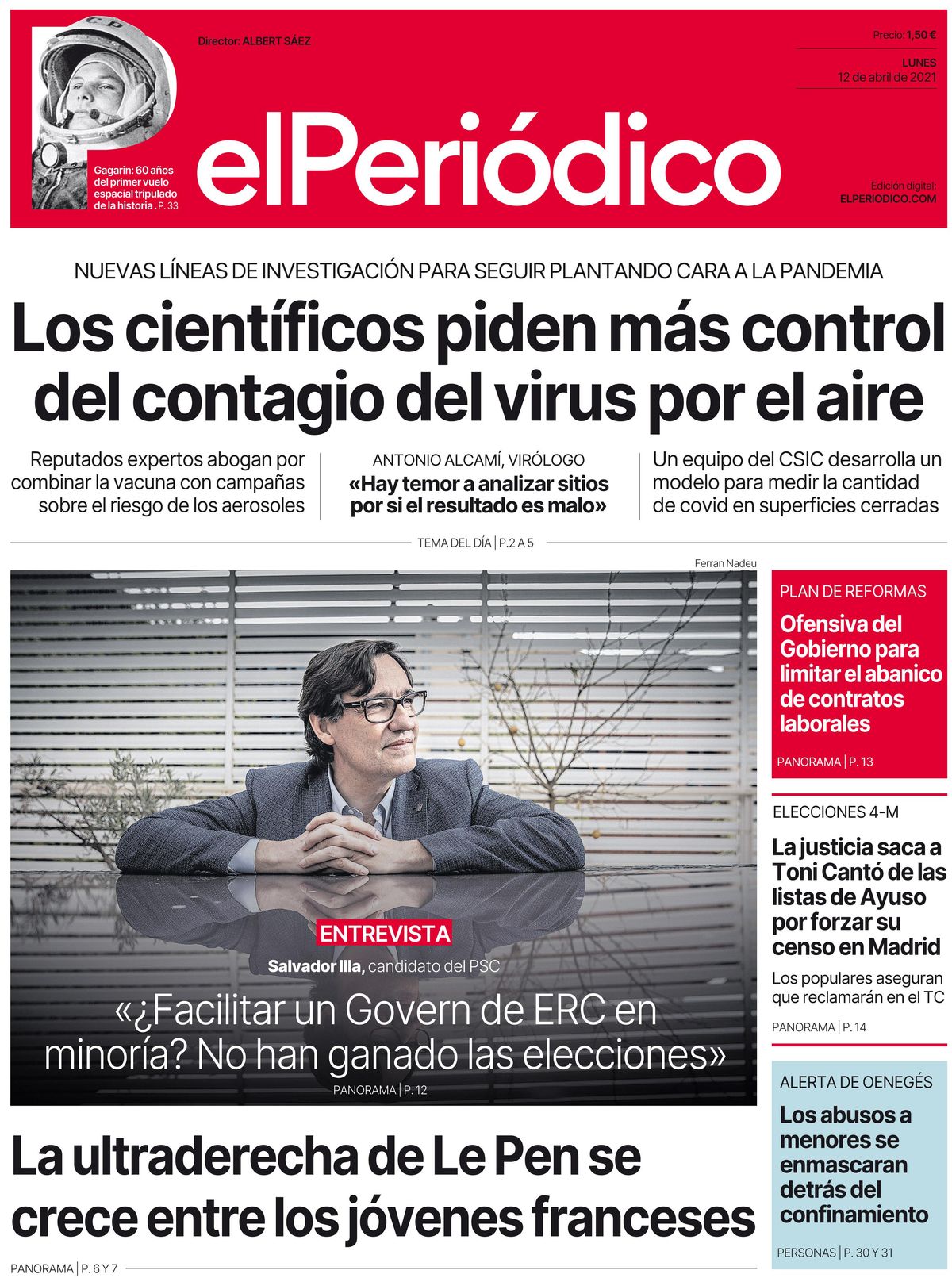 La portada de EL PERIÓDICO del 12 de abril de 2021 La portada de EL PERIÓDICO del 12 de abril de 2021