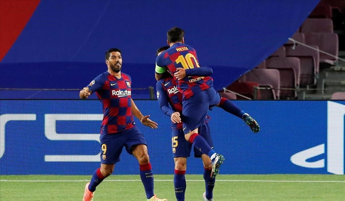 Messi, Suárez y Lenglet celebran el primer tanto del partido Messi, Suárez y Lenglet celebran el primer tanto del partido