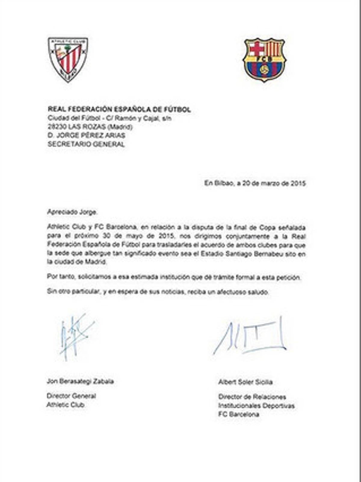 El Barça y el Athletic piden jugar la final en el Bernabéu