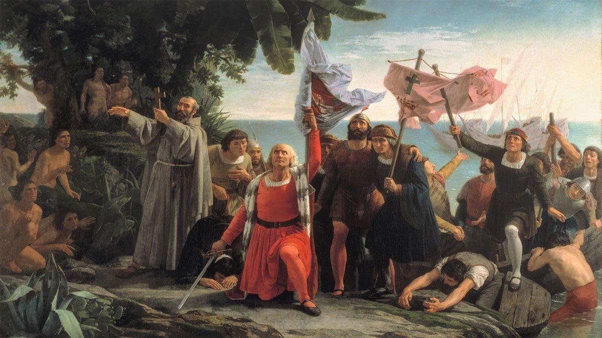 El cuadro ’Primer desembarco de Cristóbal Colón en América’ (1862), de Dióscoro Teófilo Puebla, recrea con notable imaginación la llegada del conquistador al Nuevo Mundo el 12 de octubre de 1492.