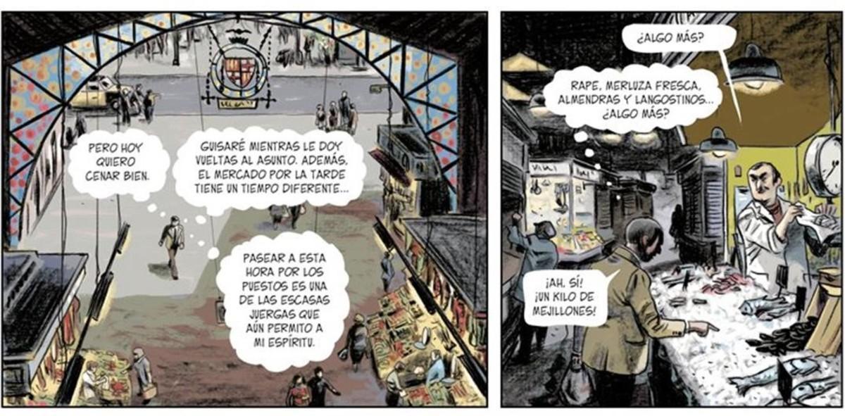 Viñetas de la adaptación al cómic de ’Tatuaje’, un Carvalho de Vázquez Montalbán, de la mano de Migoya y Seguí. 