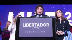 El economista ultraliberal Javier Milei habla durante un mitin tras conocer los resultados de las primarias, en Buenos Aires (Argentina). EFE/ Gala Abramovich
