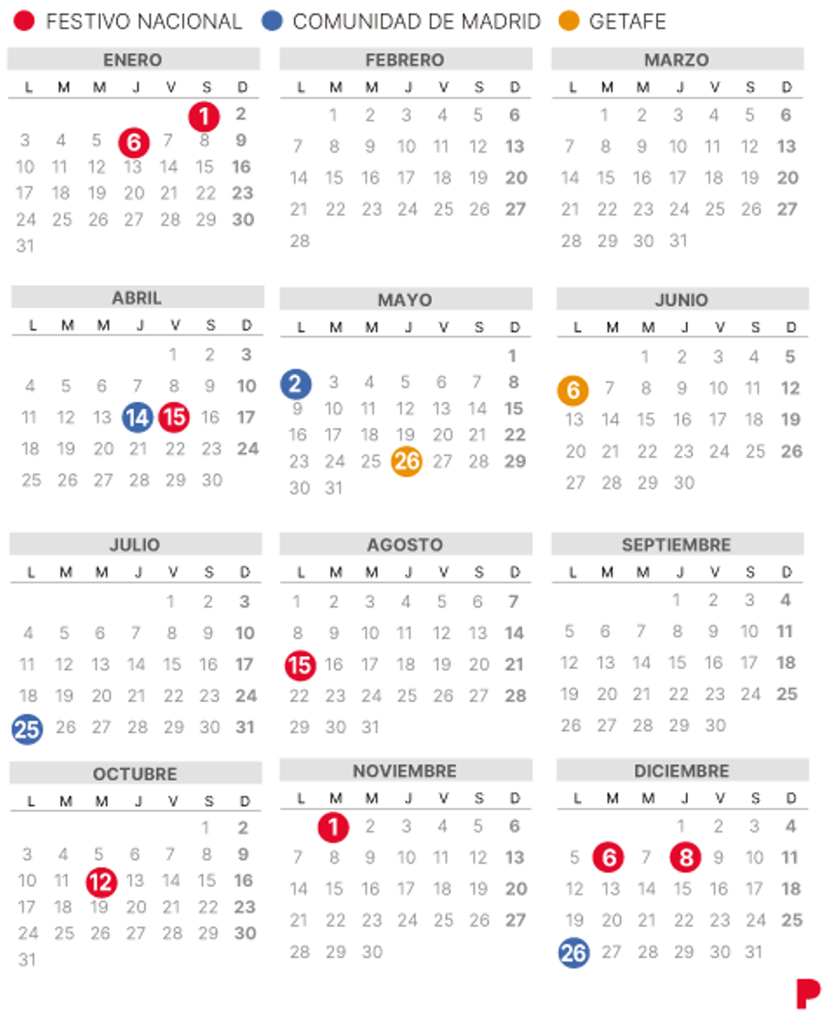 Calendario laboral de Getafe del 2022.