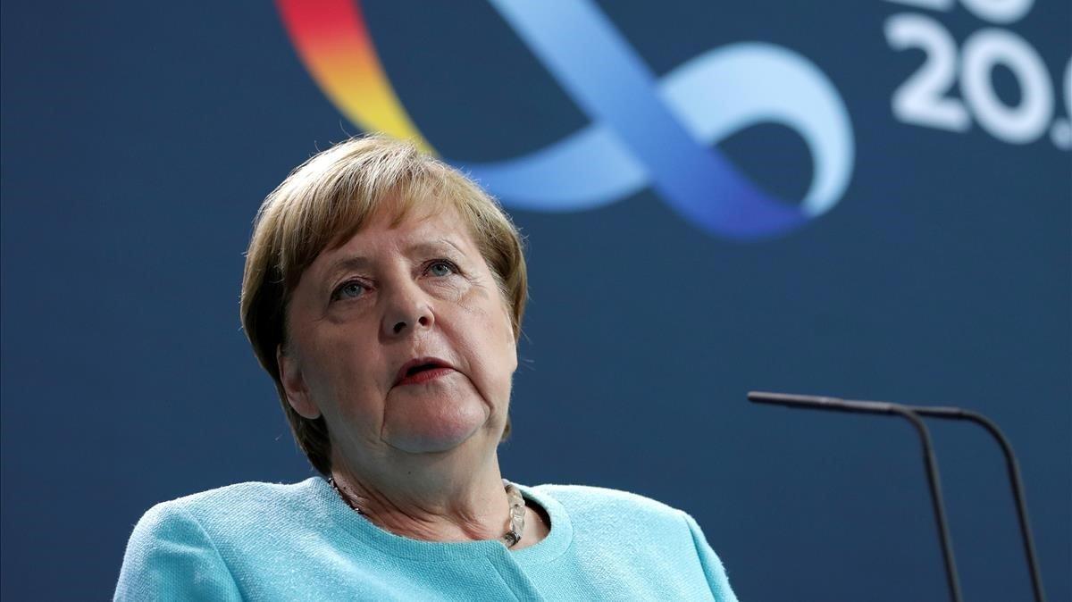 La cancillera alemana y presidenta de turno de la UE, Angela Merkel, en rueda de prensa este miércoles.