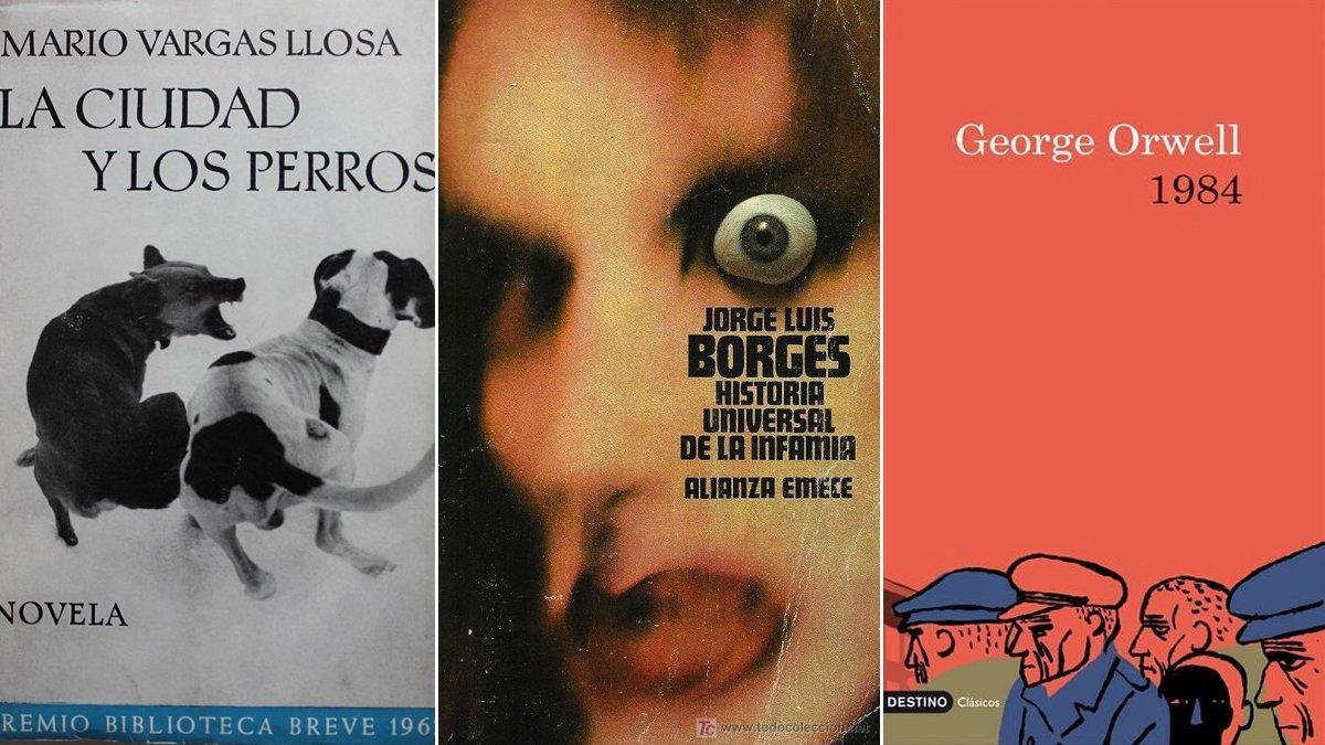Primera edición de ’La ciudad y los perros’ (Mario Vargas Llosa, Seix Barral); la portada de ’Historia universal de la infamia’, de Borges, obra de Daniel Gil (Alianza); y la de 1984, de George Orwell, en Destino.