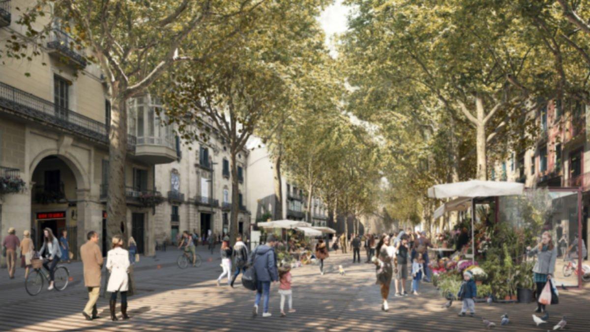 Recreaciones por ordenador de cómo quedará la Rambla según el proyecto de reforma presentado por el Ayuntamiento de Barcelona.