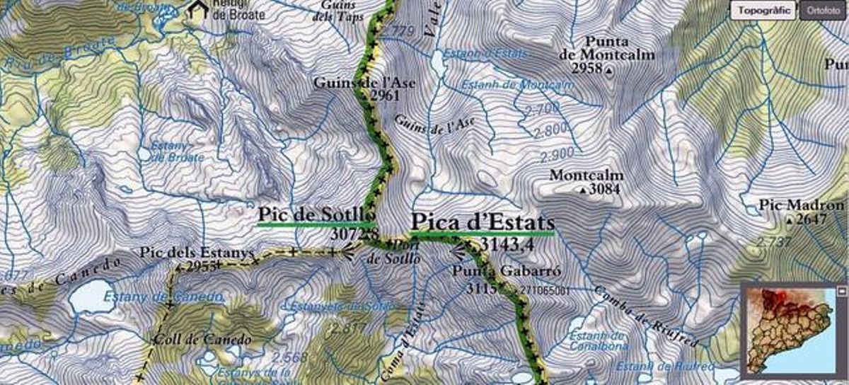 Mapa de la zona en la que se encuentra la Pica d’Estats, en el Pallars Sobirà. Mapa de la zona en la que se encuentra la Pica d’Estats, en el Pallars Sobirà.