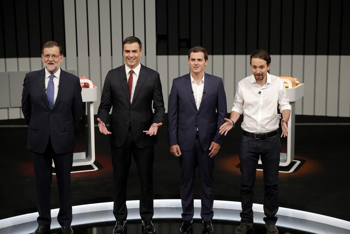 De izquierda a derecha, Rajoy, Sánchez, Rivera e Iglesias.