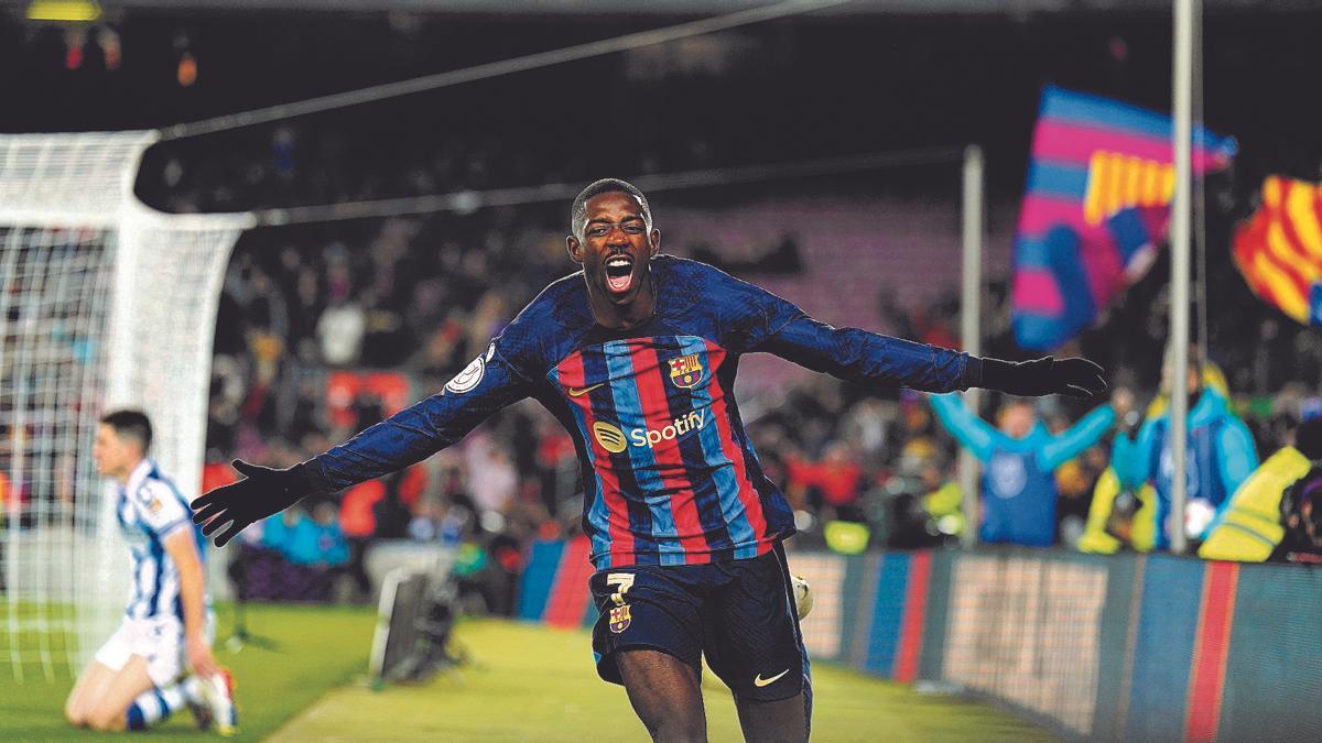 Dembélé corre eufórico celebrando su gol a la Real Sociedad. Dembélé corre eufórico celebrando su gol a la Real Sociedad.