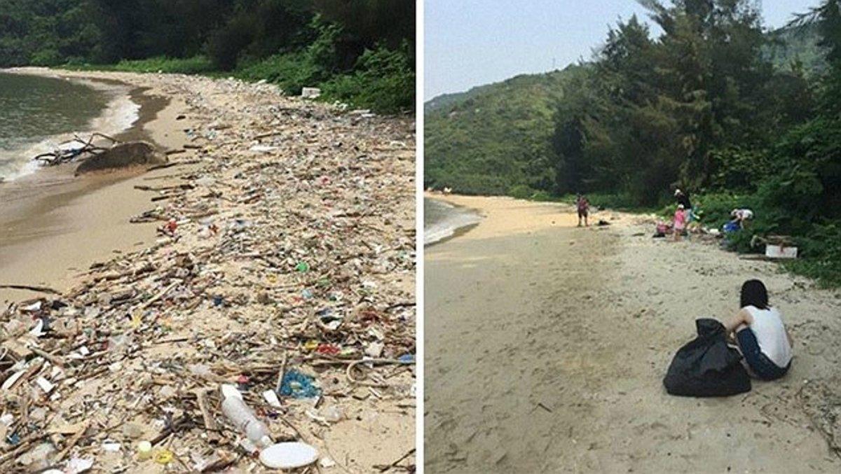 La playa de Sam Pak Wan, en Hong Kong, tras una jornada de limpieza en el 2016.
