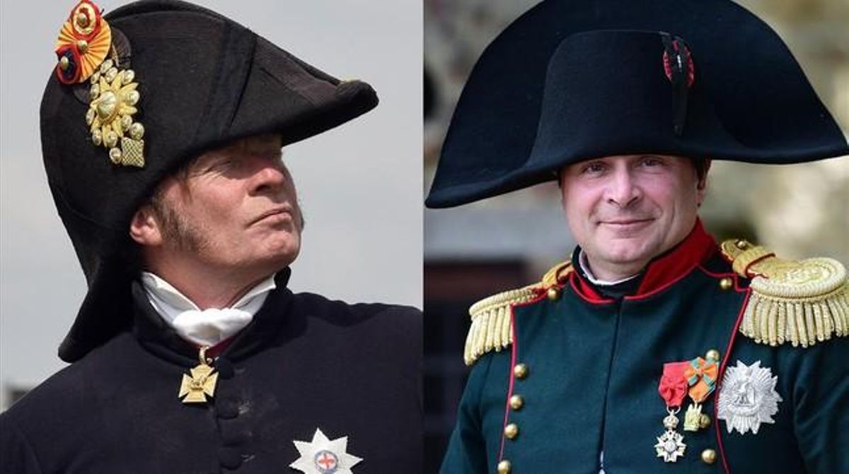 Recreación de los personajes de Wellington (izq) y Napoleón, en un combo de imágenes tomadas este jueves, durante la conmemoración del bicentenario de la batalla de Waterloo. Recreación de los personajes de Wellington (izq) y Napoleón, en un combo de imágenes tomadas este jueves, durante la conmemoración del bicentenario de la batalla de Waterloo.