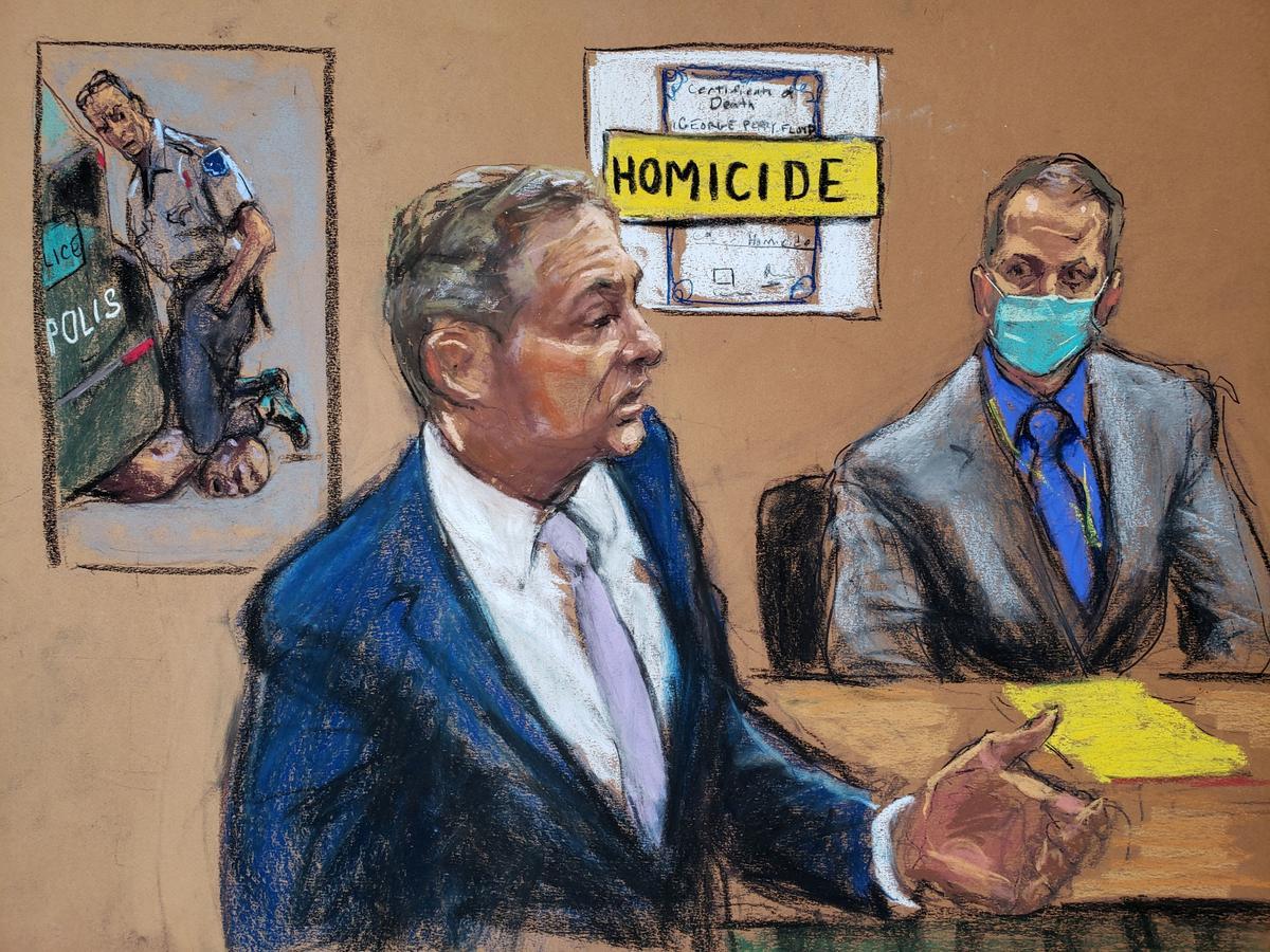 Dibujo del fiscal Steven Schleicher, en su alegato final y del acusado, el exoficial de policía de Mineápolis, Derek Chauvin. Dibujo del fiscal Steven Schleicher, en su alegato final y del acusado, el exoficial de policía de Mineápolis, Derek Chauvin.