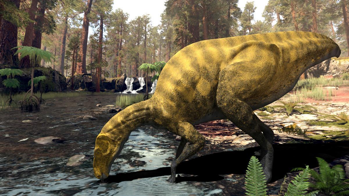 Reconstrucción artística de la nueva especie de dinosaurio hallado en Portell de la Morella.