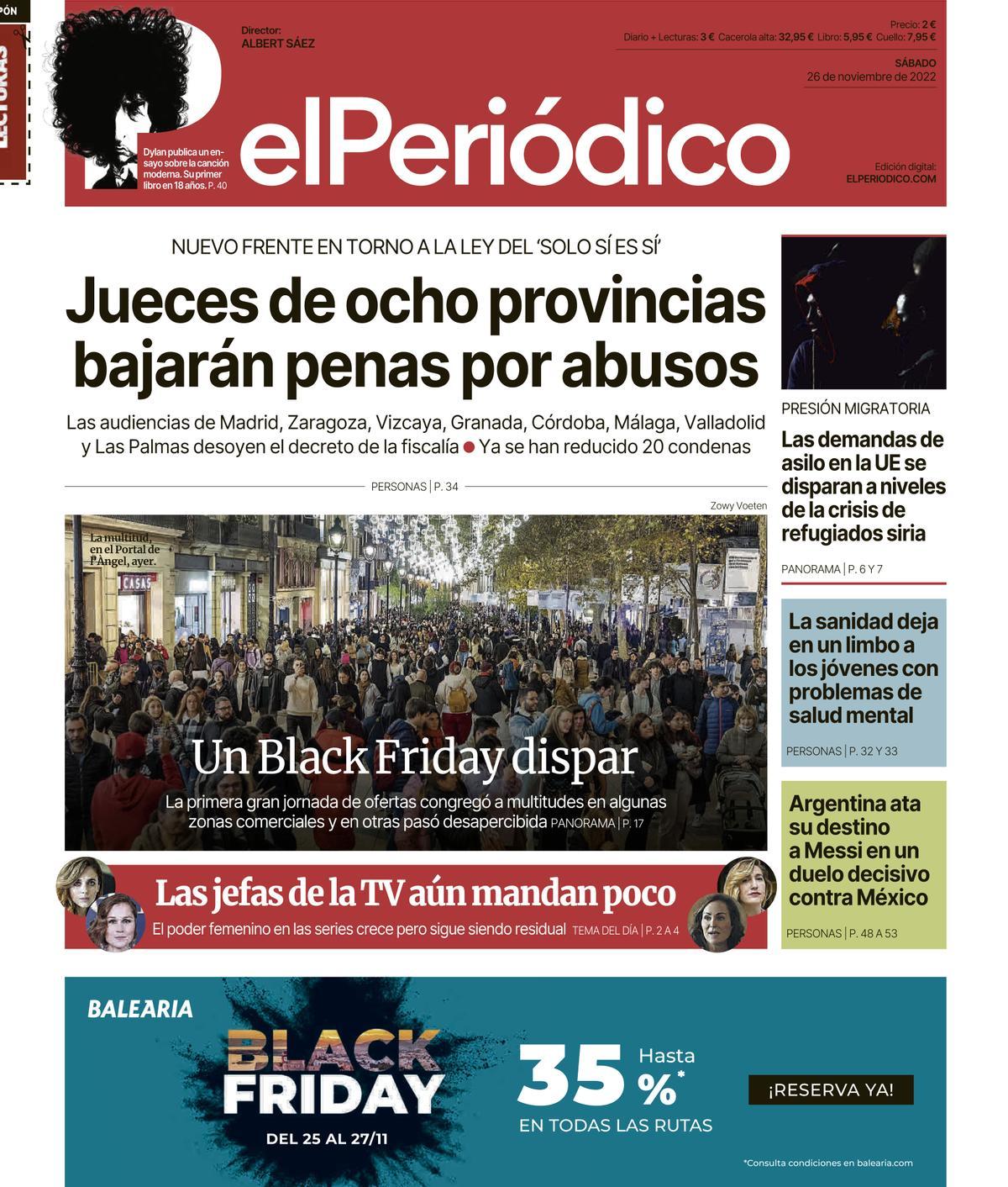La portada d’EL PERIÓDICO del 26 de novembre del 2022