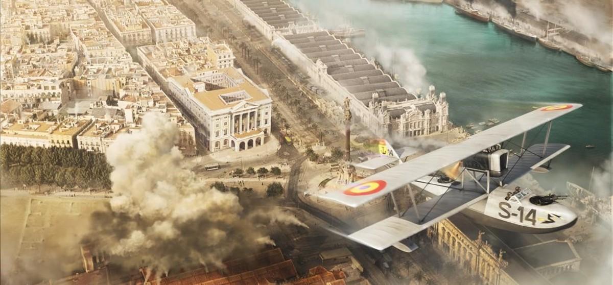 Un hidroavión republicano bombardeando las Drassanes en defensa del Gobierno, al inicio de la guerra.