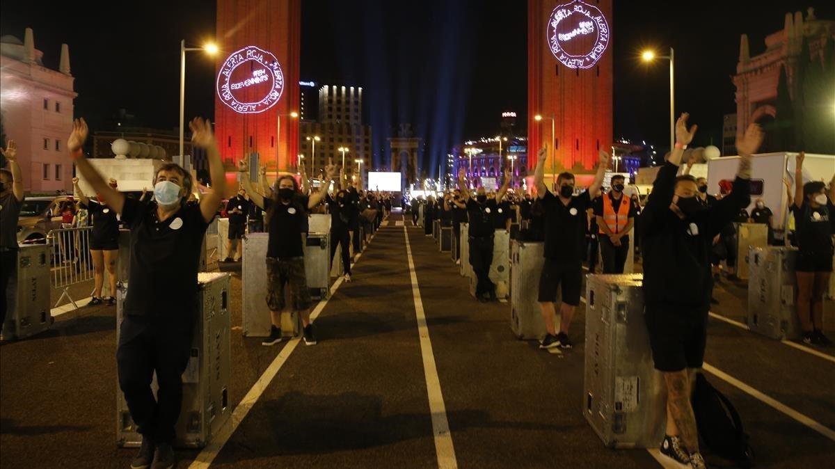 Movilización de Alerta Roja, movimiento de los trabajadores de mundo del espectáculo y los eventos en Barcelona, el pasado jueves 17 de septiembre. Movilización de Alerta Roja, movimiento de los trabajadores de mundo del espectáculo y los eventos en Barcelona, el pasado jueves 17 de septiembre.