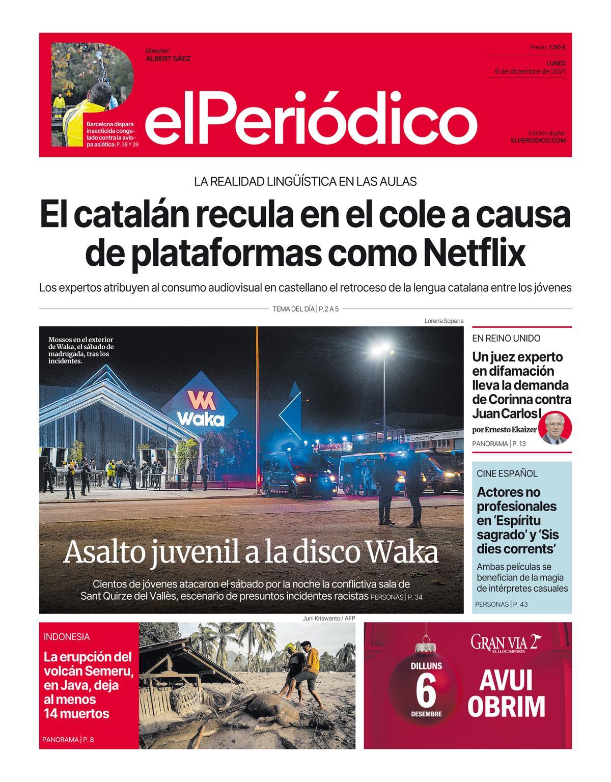 La portada de EL PERIÓDICO del 6 de diciembre de 2021. 