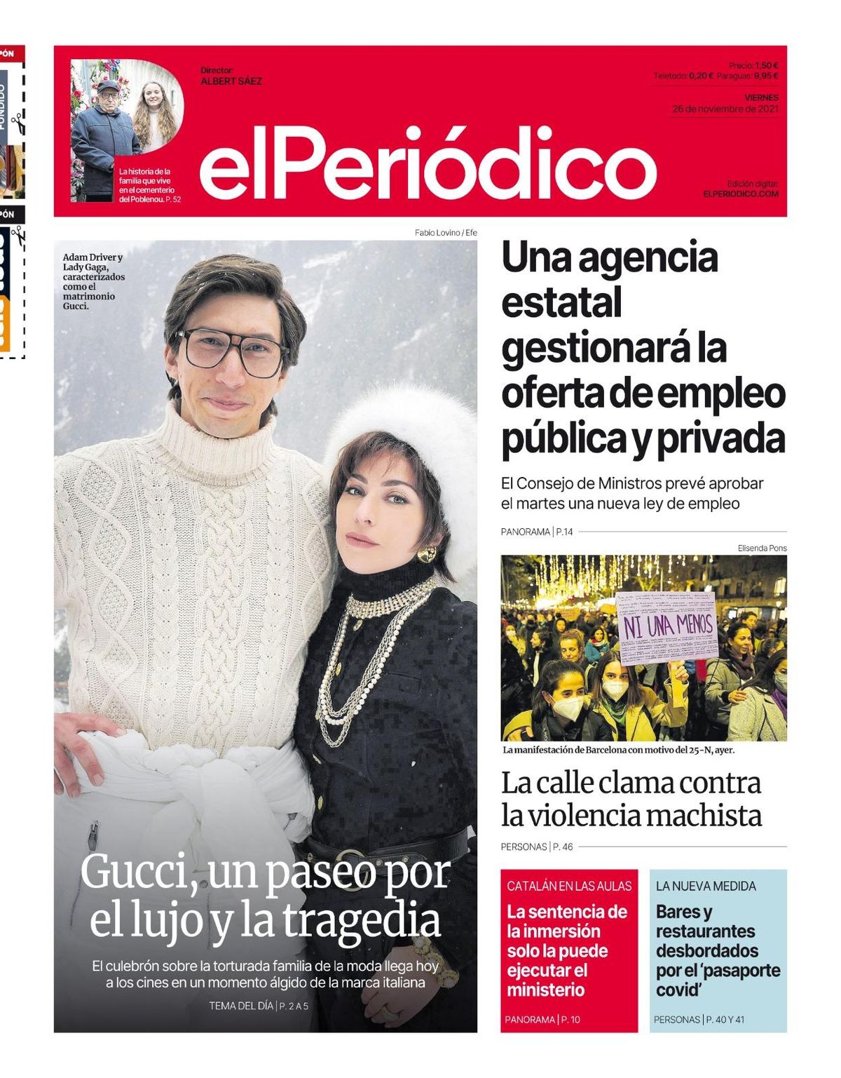 La portada de EL PERIÓDICO del 26 de noviembre de 2021. La portada de EL PERIÓDICO del 26 de noviembre de 2021.