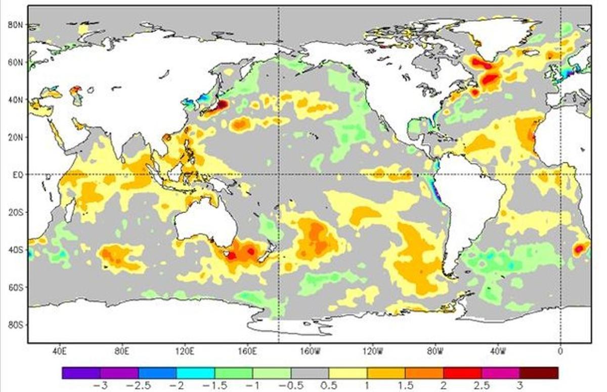 Mapa de la anomalía de la temperatura superficial de los océanos a finales de marzo del 2013 con respecto a la misma fecha del periodo 1971-2000.