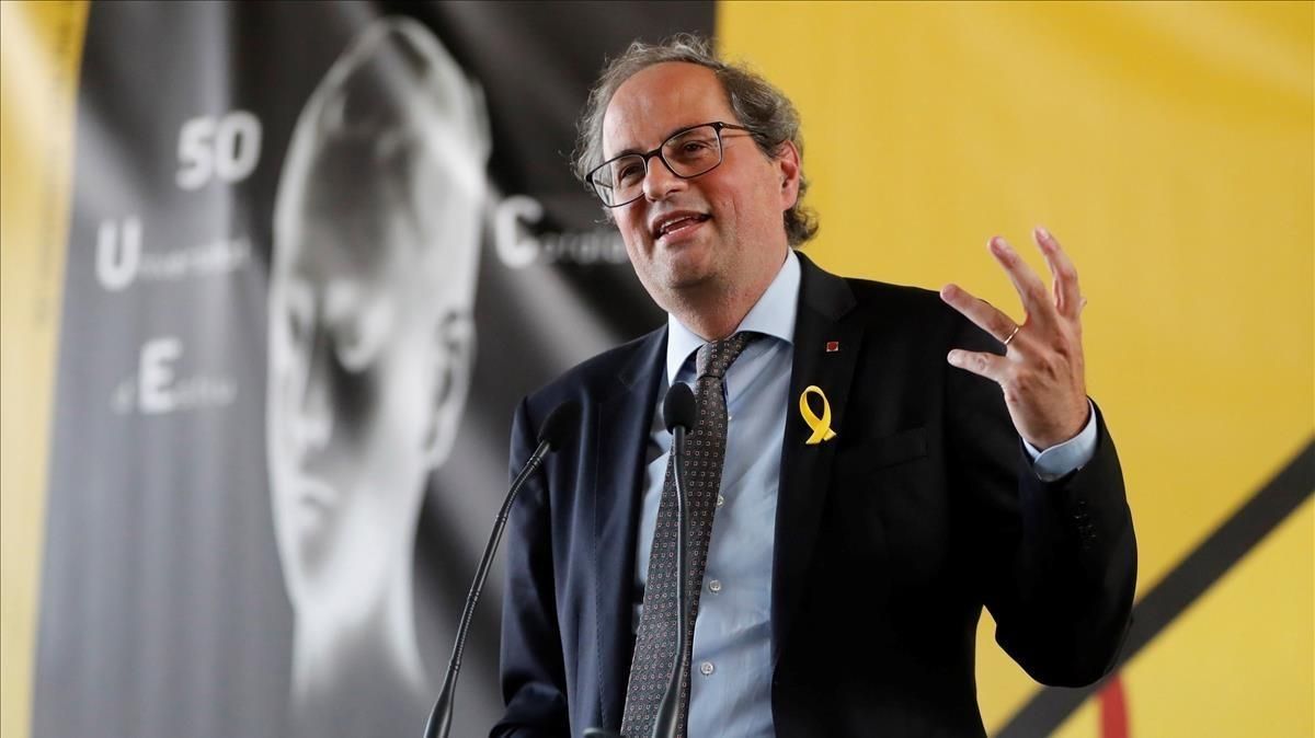 Quim Torra, durante la clausura de la Universitat Catalana d’Estiu, el pasado 23 de agosto, en Prada de Conflent, en Francia. Quim Torra, durante la clausura de la Universitat Catalana d’Estiu, el pasado 23 de agosto, en Prada de Conflent, en Francia.